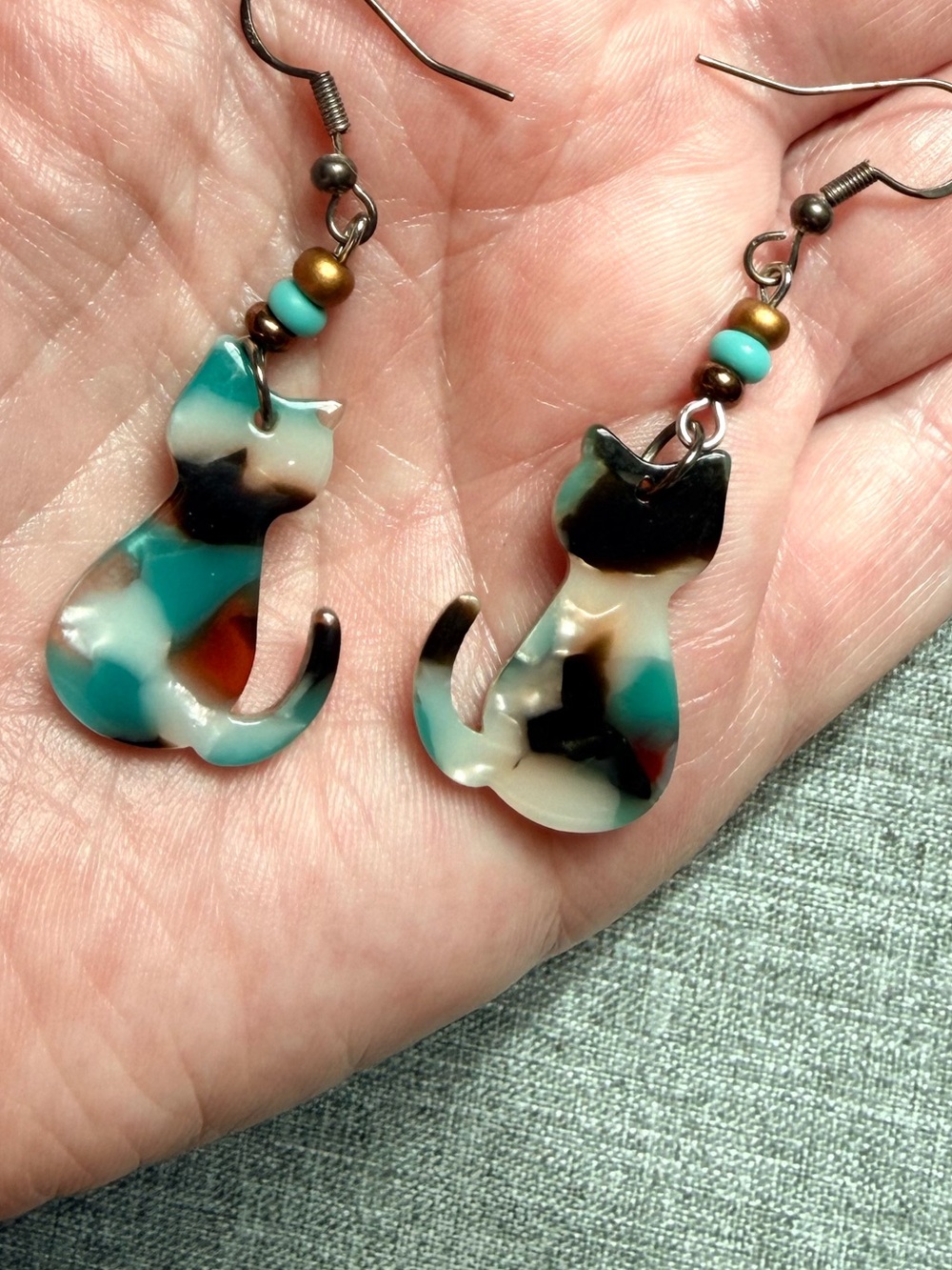 Cat Earrings Turquoise Black White Resin Cute Calico Kitty Dangling Fun